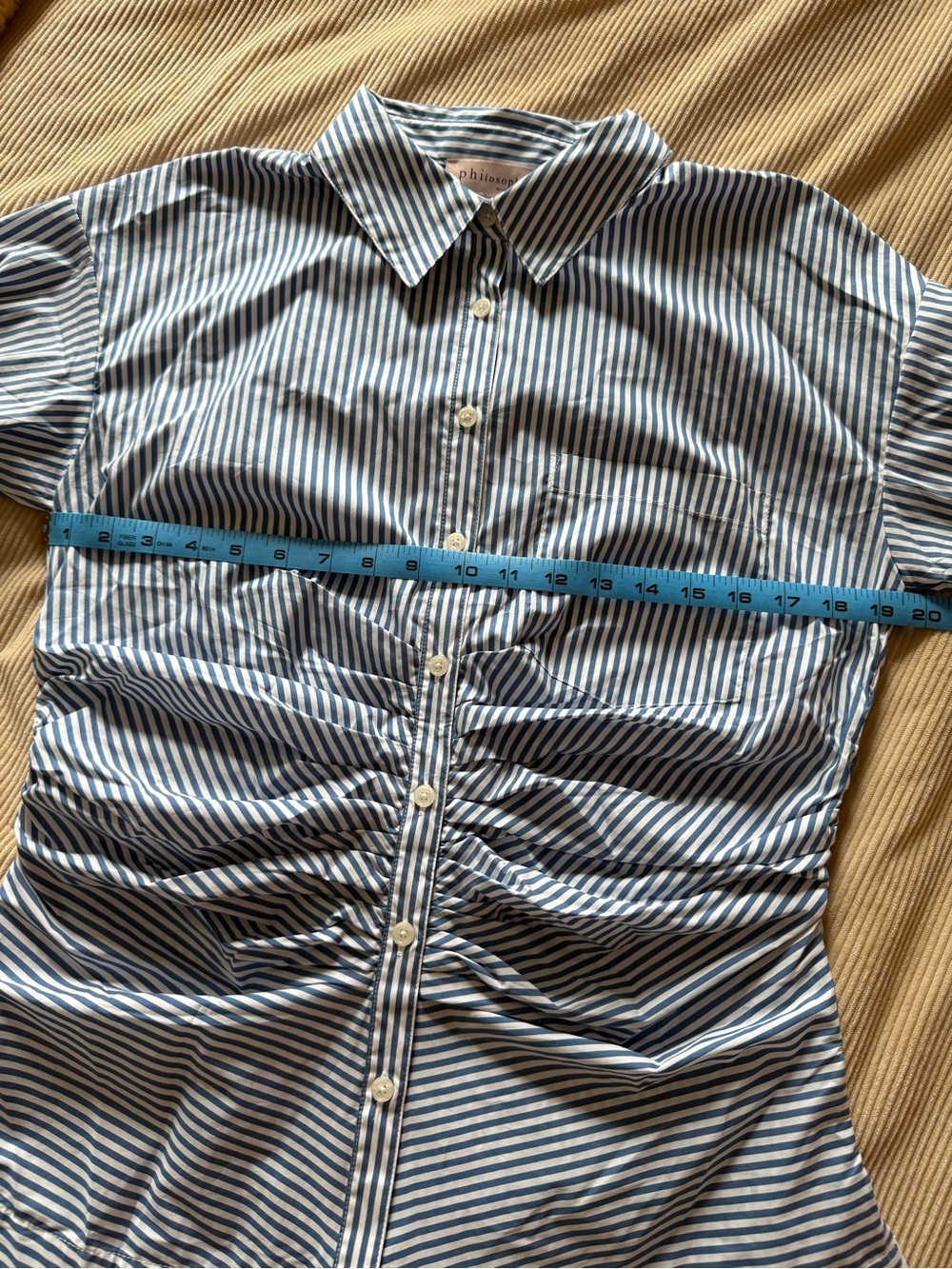 Philosophy Blue Striped Cinch Waist Gathered Ruched Button Down Shirt Large - Picture 10 of 11